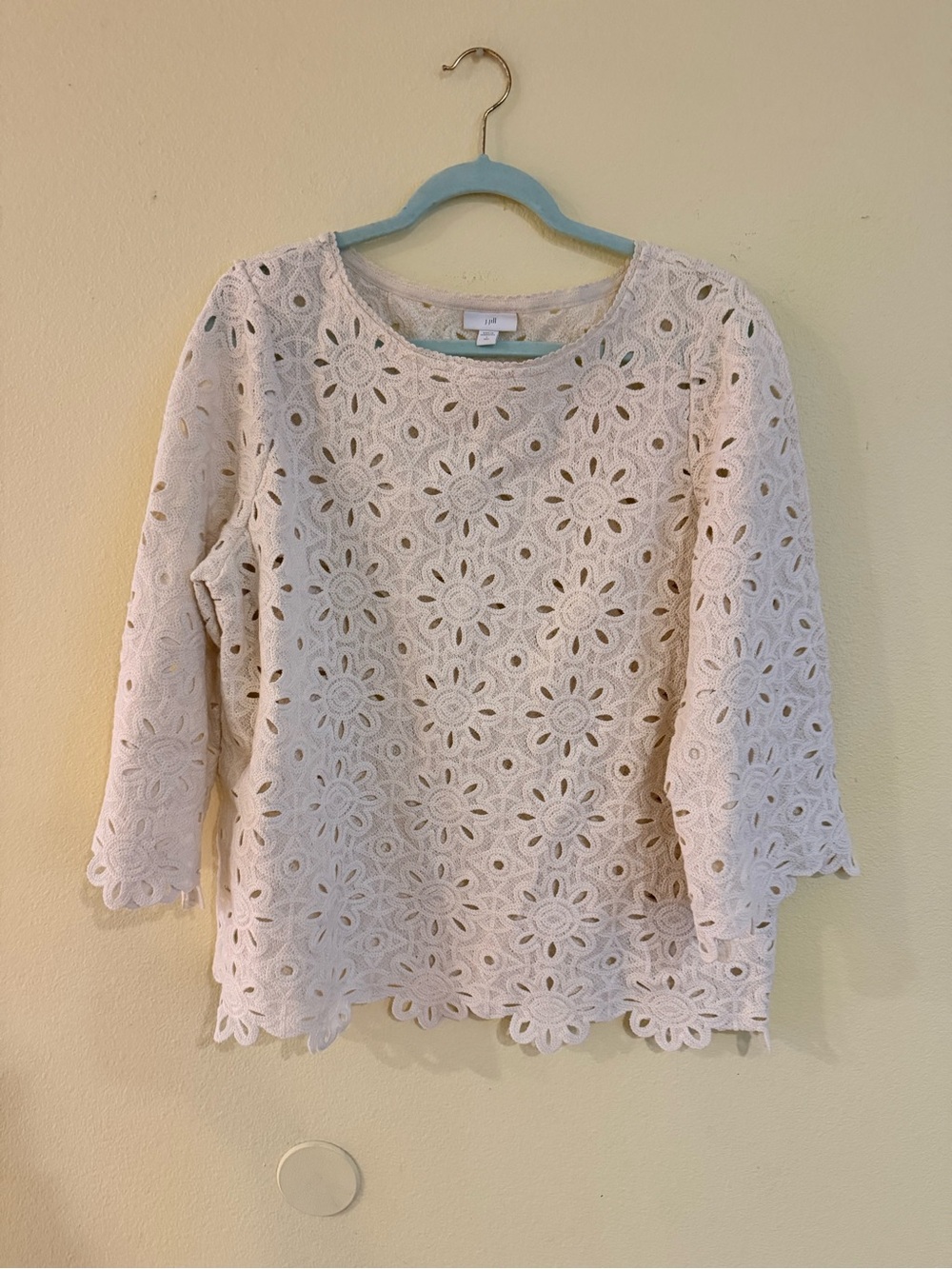 J. Jill Cream Crochet look Floral blouse 3/4 sleeves classic piece size Tall L